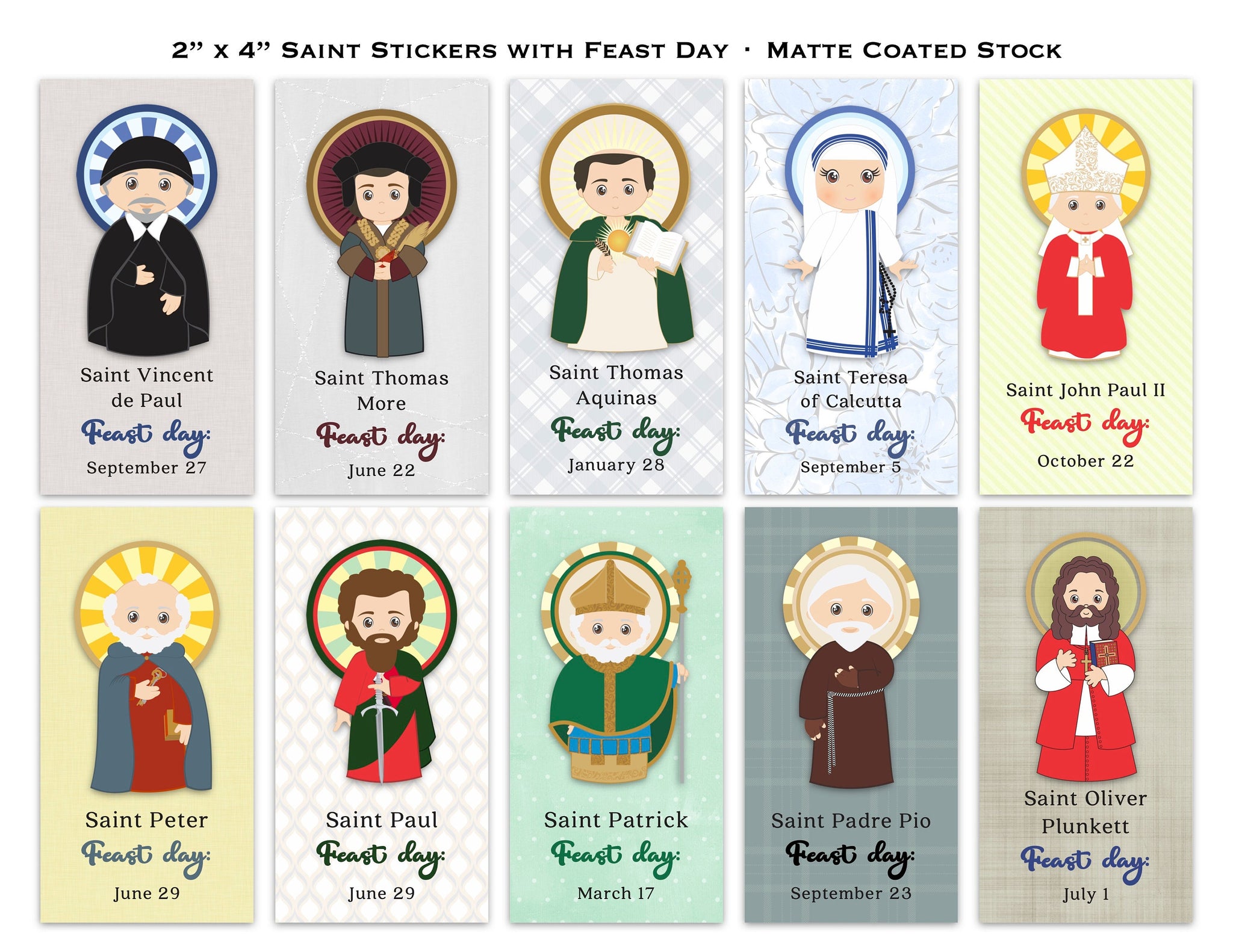 Set of 50 - 2x4 Saint Stickers with feast day. Kids Saint Stickers. F –  Meyer Market Designs